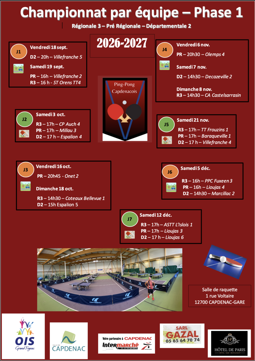 Calendrier du championnat par équipe (Phase 1)